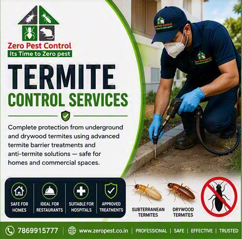 Technician performing soil injection anti-termite treatment at a construction site in Indore